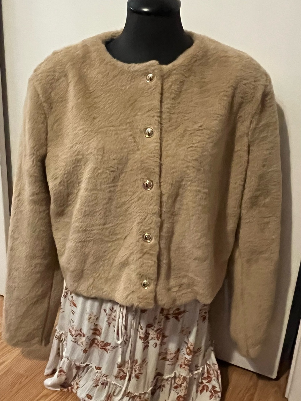 H&M Women's Faux Fur Teddy Jacket in Beige with Gold Buttons